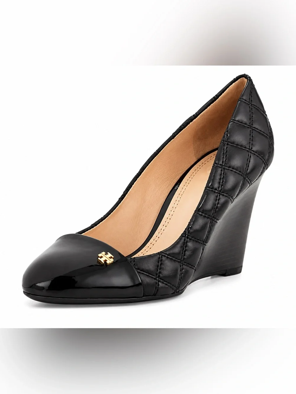 Tory Burch Black Quilted Leather Wedge Pumps Gold Logo Size 7.5M